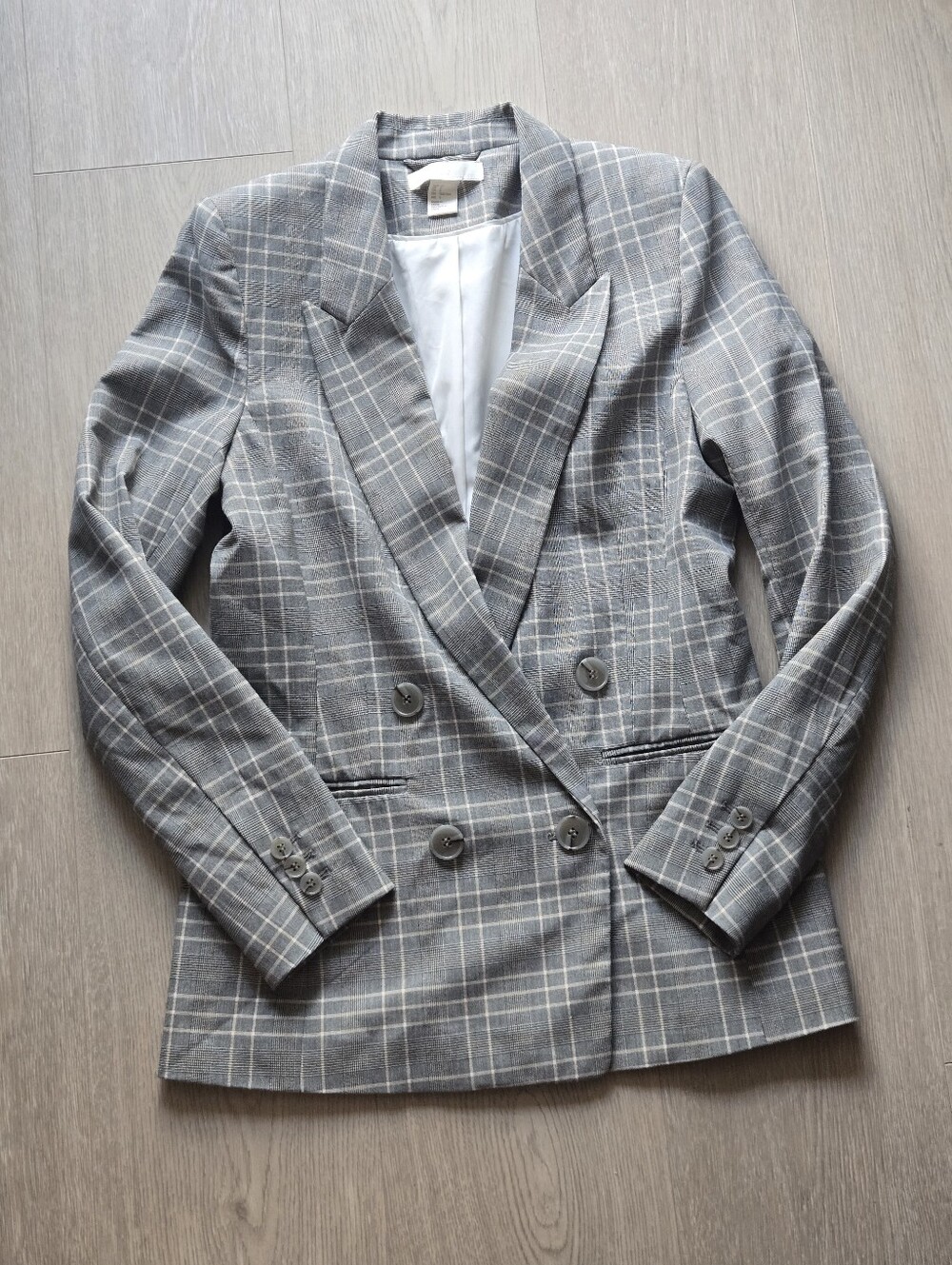 H&M Gray Plaid Double-Breasted Blazer